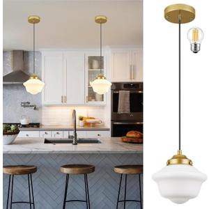 Gold Schoolhouse Light Fixture 8" Milk Glass Light Fixture Mid Century Pendant Light Milk Glass Pendant Light Schoolhouse Pendant Light for Bedroom Dining Room Kitchen (Bulb Incl.)