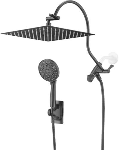 PDPBath Metal Rain Shower Head with Handheld Spray Combo, 12" High Pressure Rainfall Shower Head with 17" Adjustable Extension Arm, 79" Long Hose, 10-Settings Wand, 3-Way Diverter, Matte Black