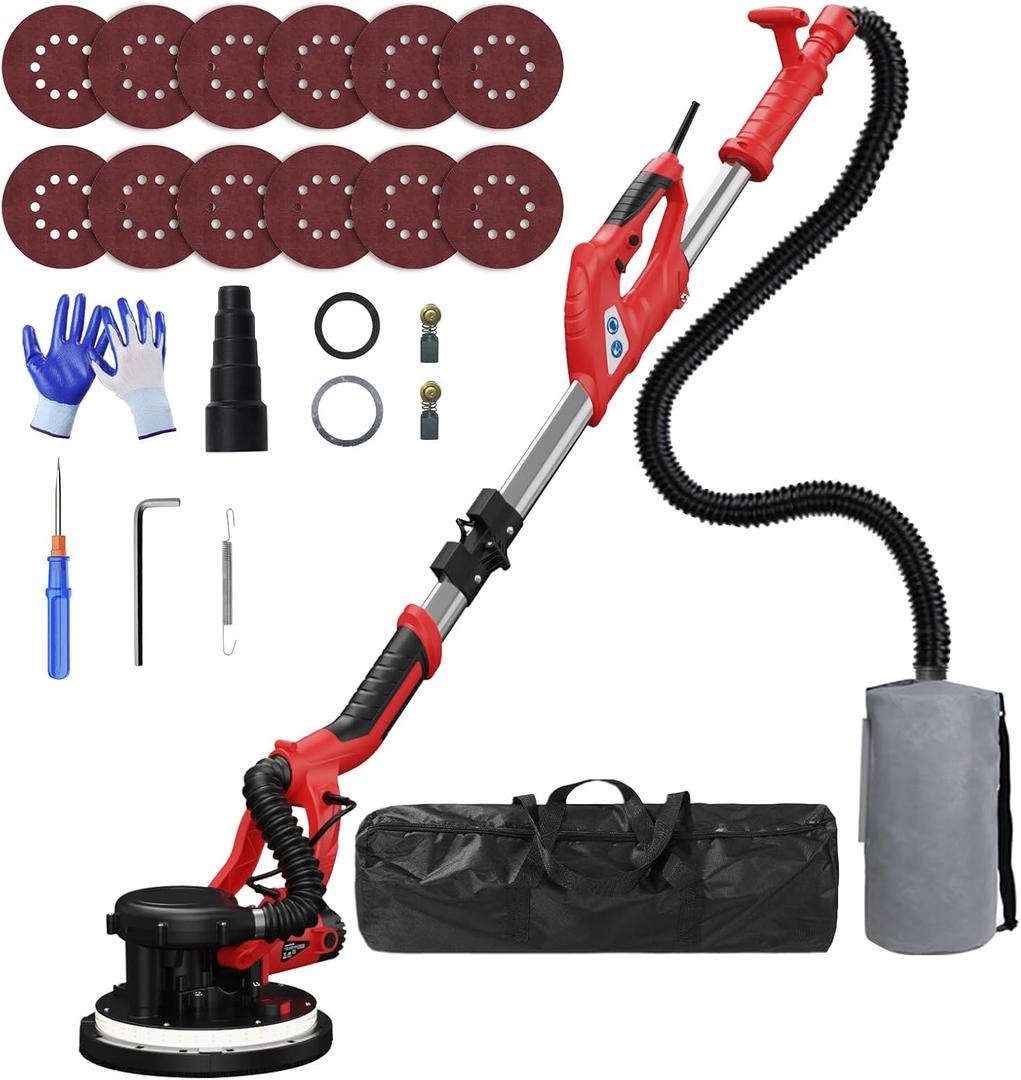 Drywall Sander with Vacuum Dust Collector(02/11/2025 Upgraded) 8-Amp Popcorn Ceiling Removal Tool with 7 Variable Speed 800-1800RPM, Extendable Handle, LED Light, 12pcs Sanding Discs, Red