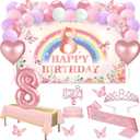 8th Birthday Decorations for Girls, 47pcs Pink Flower Rainbow Banner, Tablecloth, Butterfly Decor, 8th Birthday Sash and Tiara, Cake Topper, Candles, Balloons Arch