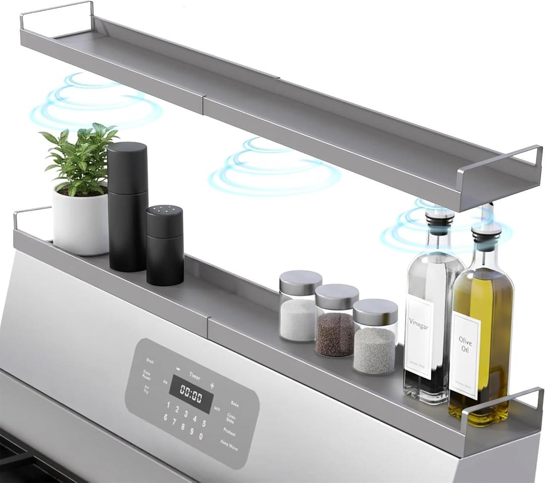 Extendable Steel Over the Stove Shelf for Back of Stove (16 to 30 Inches) Magnetic Stove Top Shelf for Kitchen Stove, Over Stove Shelf for Back of Stove - Over the Stove Spice Rack Shelf (Grey)