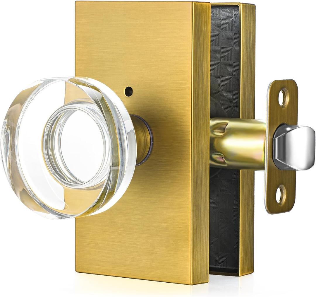 Privacy Door Knob with Lock - Crystal Glass Interior Door Handle for Bedroom Bathroom Closet - Antique Brass, 1 Pack