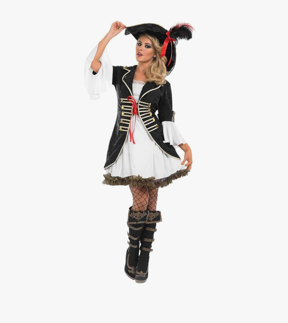 fun shack Pirate Costume Women's Deluxe Buccaneer Outfit with Corset Jacket, Dress, Hat, Small