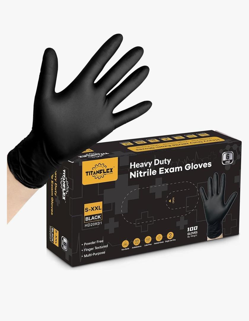 TitanFlex Disposable Nitrile Exam Gloves, 6-mil, Black, Heavy Duty, Latex Free, Food Safe for Cooking & Food Prep Amazon's Choice, XL 100