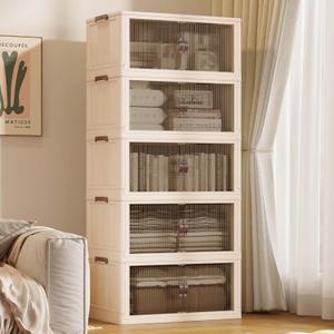136Gal/543Qt Stackable Storage Bins Folding Collapsible Storage Bins with Lid, Closet Organizers and Storage, Storage Box with Door Beige 26" W x 17" D x 71" H