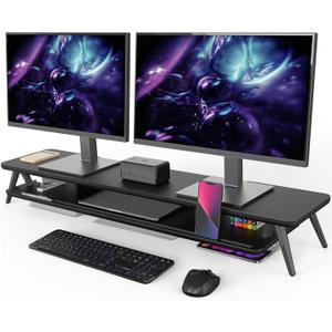 Fenge Dual Monitor Stand, Monitor Stands Riser for 2 monitors, 42.5 Inch Wood Desk Shelf with Storage Organizer and Cable Management for Office Desk Accessories (Black)
