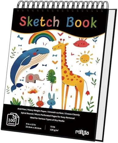MLIJIA 9"x12" Sketchbook, HardCover with Zoo-Themed Hardbound Design, 100 Sheets(73lb/120gsm) with Tear-Out Pages, Art Supplies for Drawing, Art Class Students, Spiral Bound School Drawing Pad
