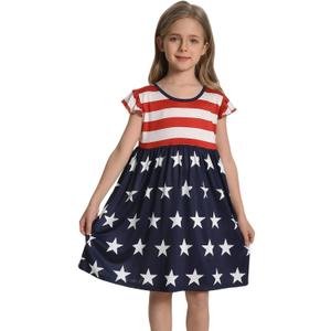 RONGTAI Girls 4th of July Dress Size 9-10 Red White and Blue Flying Sleeves Crew Neck Patriotic A Line Dresses with American Flag Stars and Stripes Summer Playwear for Kids