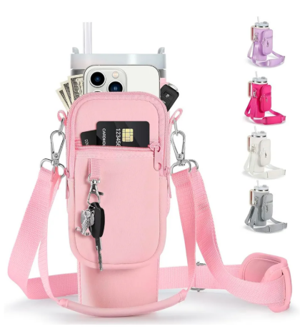 Water Bottle Carrier Bag with Strap for Stanley 40/30 oz Tumbler with Handle, Water Bottle Holder Pouch with Phone Pocket for Stanley Cup Accessories, Fit for Walking Hiking Travel Pink