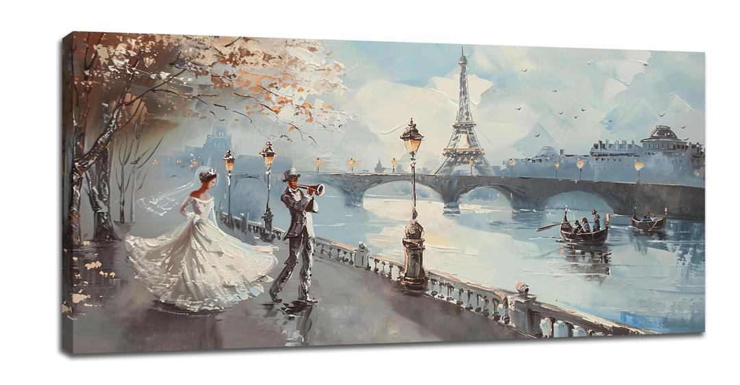 Romantic Paris Wall Art Abstract Eiffel Tower Pictures Wall Decor Paris Street Painting Large Canvas Prints Framed Modern Artwork For Living Room Bedroom Shop Restaurant Office 60"x30"