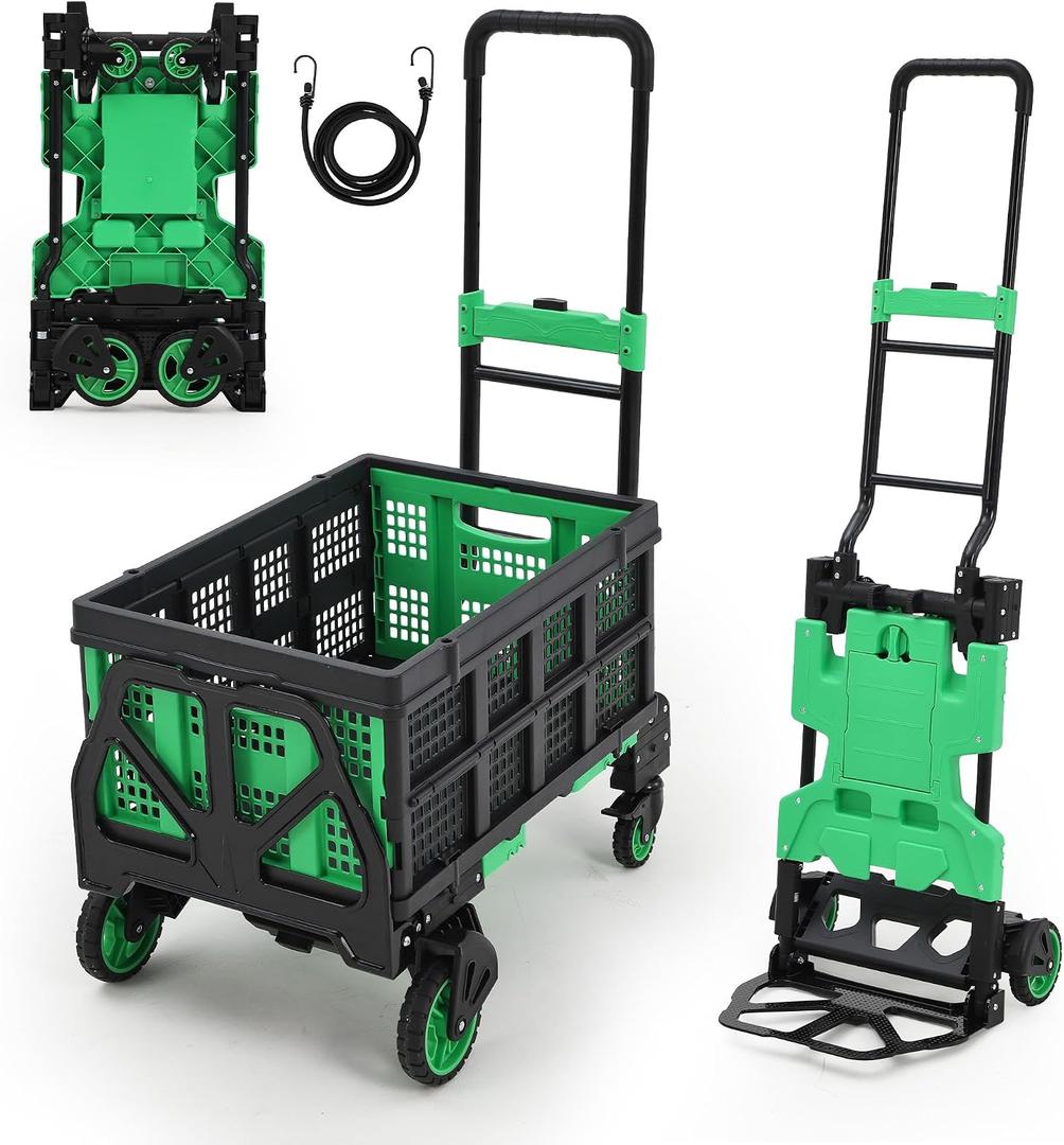 2-in-1 Folding Hand Truck with Basket, 330 LBS Heavy-Duty Convertible Dolly Cart with 4 Wheels & Retractable Handle, Portable Hand Cart for Luggage Travel Grocery, Green