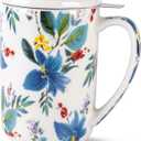AmorArc Porcelain Tea Mug with Infuser and Lids, 18 Oz Coffee Cup Strainer with Bag Holder for Loose Leaf Tea, Steeping Coffee Mug for House-warming Wedding Birthday Gift (Iris)
