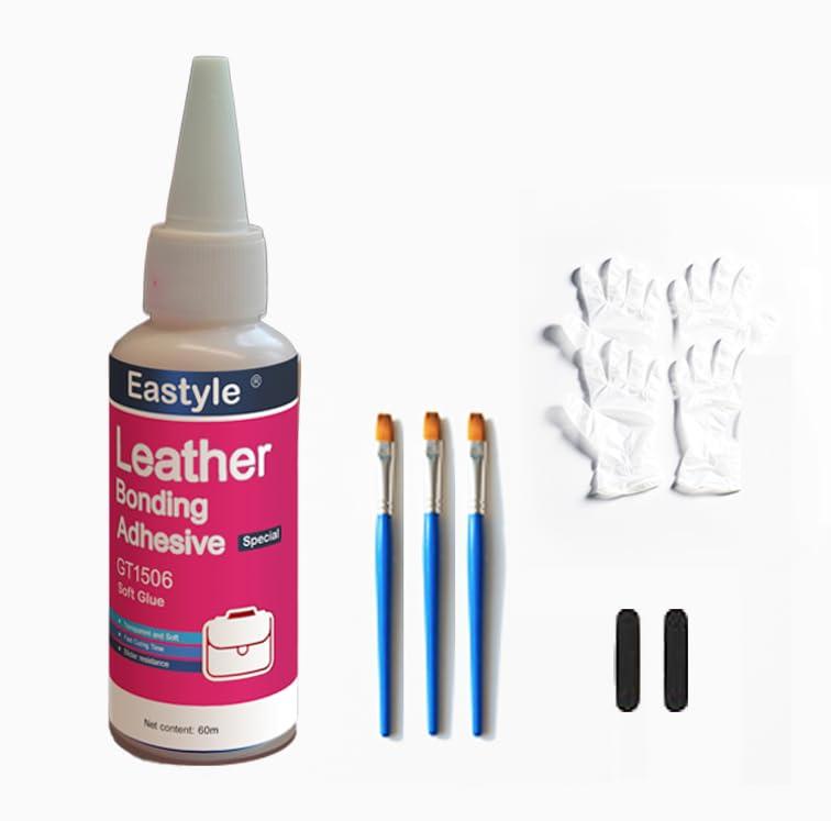 2 x Eastyle Leather Glue Repair Adhesive: Permanent, Strong & Waterproof Leather Cement Glue for Sofa, Car Seats, Bag Clear Flexible Bond with Tools(Brushes/Gloves/Sanding Sticks) (60ml)