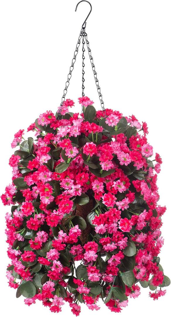 Ammyoo Artificial Flowers in Hanging Basket Uv Resistant for Outdoor Decor | Fake Mums Flowers Faux Plants Coconut Lining Pot for Home Porch Garden Yard Patio Decoration(Rose Red)