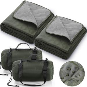 Tranqun 2 Large Outdoor Blanket 78'' x 55'' Quilted Windproof Waterproof Fleece Sandproof Stadium Foldable Warm Blanket for Camping Picnic Sporting Events Cold Weather (Military Green)