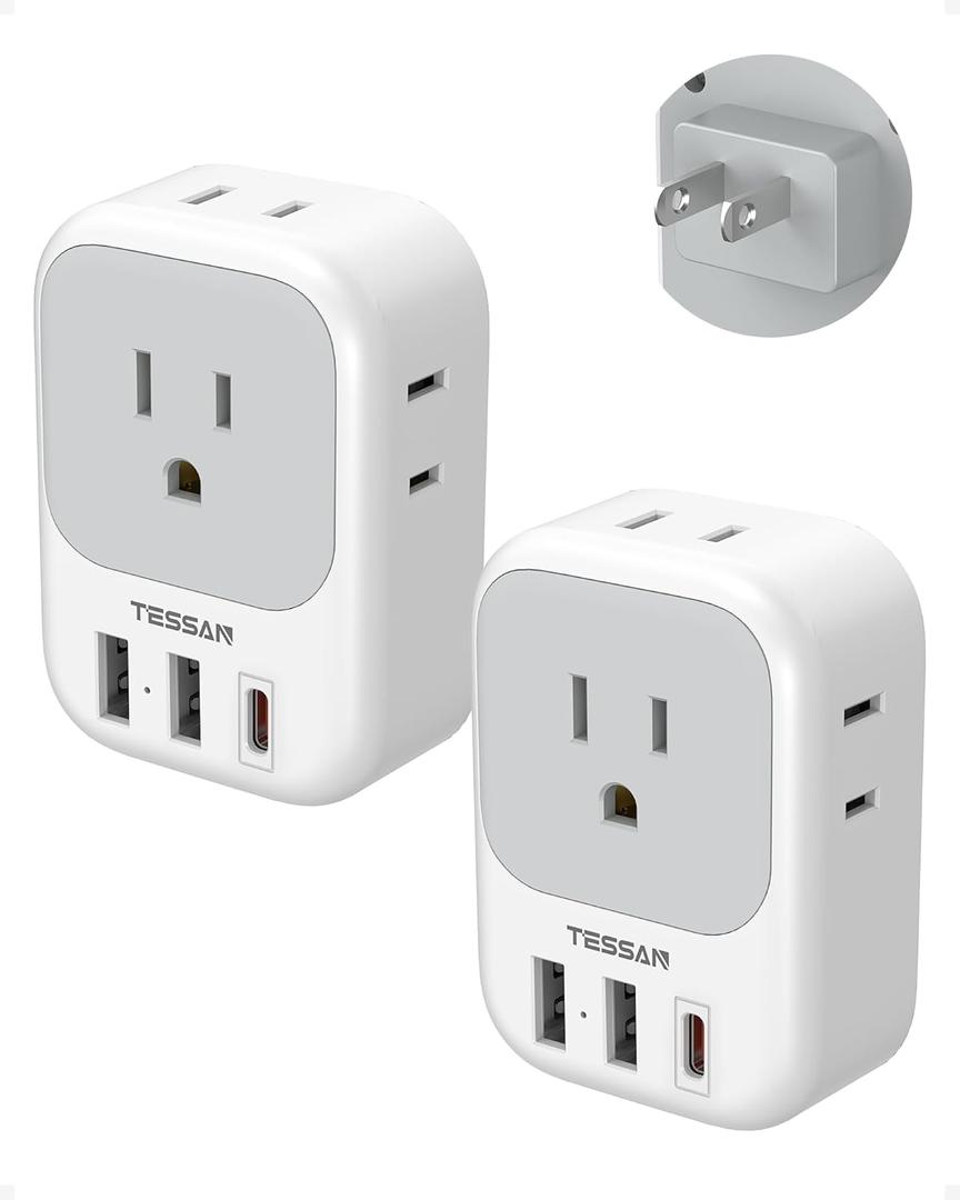 TESSAN 2 Prong to 3 Prong Outlet Adapter 2 Pack, US to Japan Plug Adapter with 4 Outlets 3 USB (1 USB C PD 20W), Outlet Adaptor US to Japan China Mexico Philippines Canada Peru Thailand Vietnam