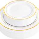 FLOWERCAT 60PCS Gold Plastic Plates - Heavy Duty White and Gold Plastic Plates Disposable for New Year Party/Wedding - Include 30PCS 10.25" Dinner Plates and 30PCS 7.5" Dessert Plates