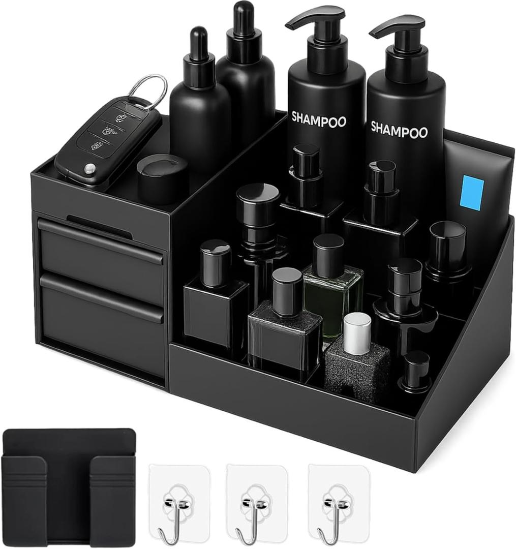 MISH&CA Cologne Organizer for Men and Women with Gift Hooks & Phone Holder  Cologne Stand with Drawers for Skincare, Grooming, Toiletries Accessories  Perfume Holder for Bathroom & Bedroom Counter