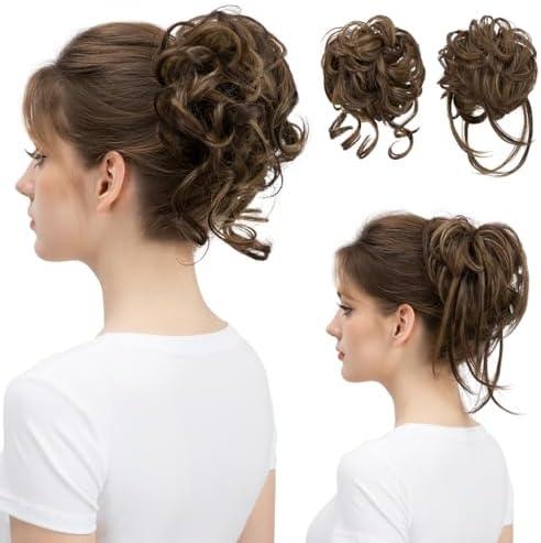 SARLA 2PCS Brown Messy Bun Hair Pieces for Women Wavy Curly Synthetic Hairpieces for Updos with Tendrils Fake Scrunchies Ponytail Extension Coffee Brown