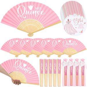 50 Sets Quinceanera Party Favors for Guests Mis Qunice Folding Paper Fans Bamboo Fans with Thank You Tags and Gift Bag Handheld Fans Sweet 15 Birthday Party Favors for Girls(Pink)