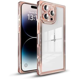 IAIYOXI Rectangle Glitter Bling Diamond Case for iPhone, Cute Luxury Sparkly Cover,Full Camera Protection Soft TPU Bumper Shockproof Slim Phone Case for Women Girls(iPhone 15 ProMax,Pink) Pack of 2
