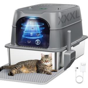 Smart Odor Control Cat Litter Box with CoverXXXL Stainless Steel Enclosed Litter Box for Big Cats, Plasma Sterilization Deodorizer with Infrared Auto Pause, No More Odors and Stay Fresh,Easy to Clean