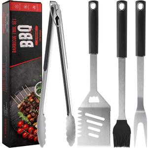 Griddle Accessories Kit - Grilling Accessories, Stainless Steel Heavy Duty Grill Tools Set with Spatula, Fork, Tongs, Brush and Gift-Box for Outdoor Barbecue, Home Grill (4PCS)