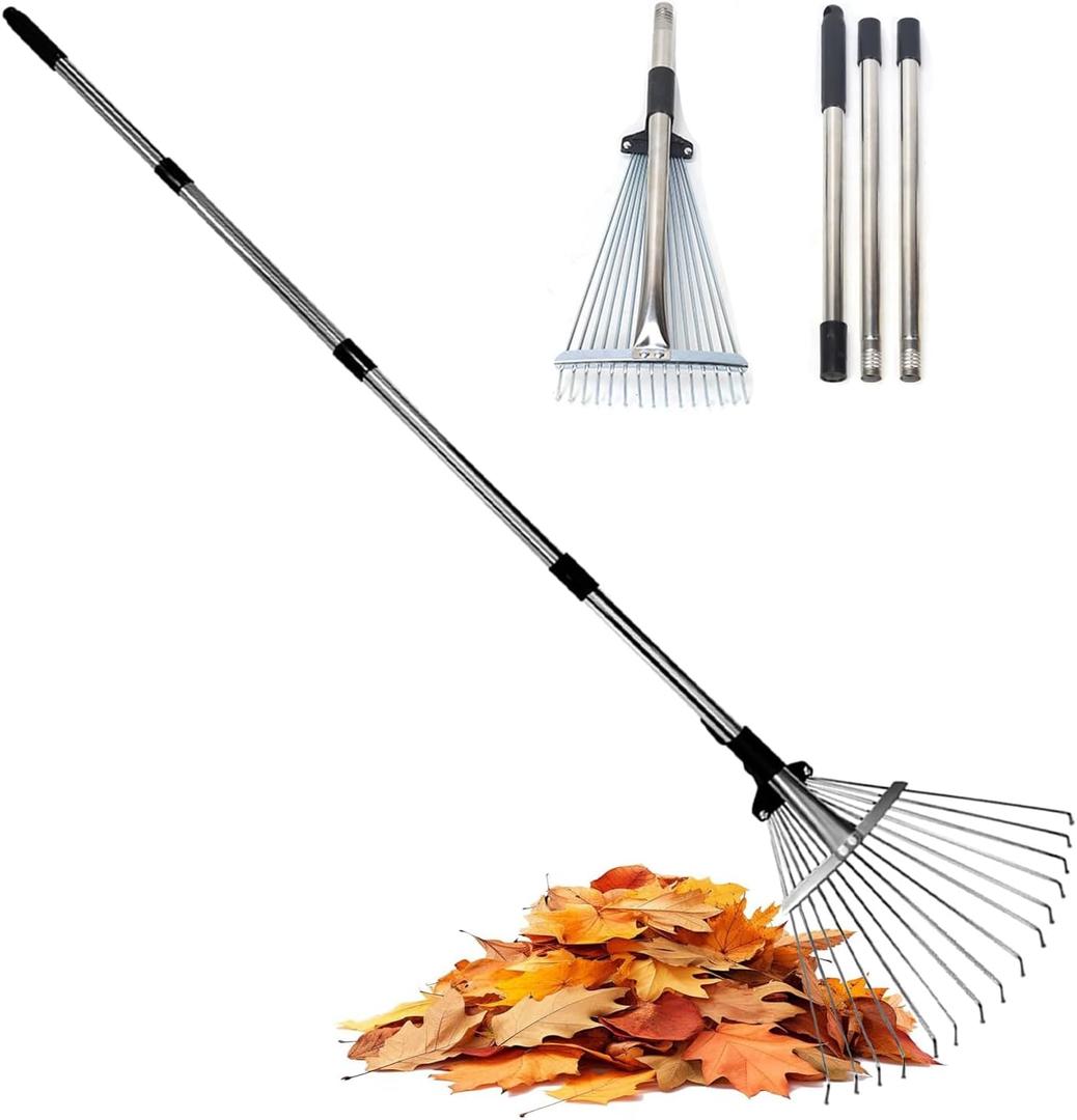 Adjustable Garden Rake, Heavy Duty 34 to 67 Inch Expandable Leaf Rake with 7-14 inch Wide Head, Shrubs, Yard, Garden Beds, Professional Landscaping Tools