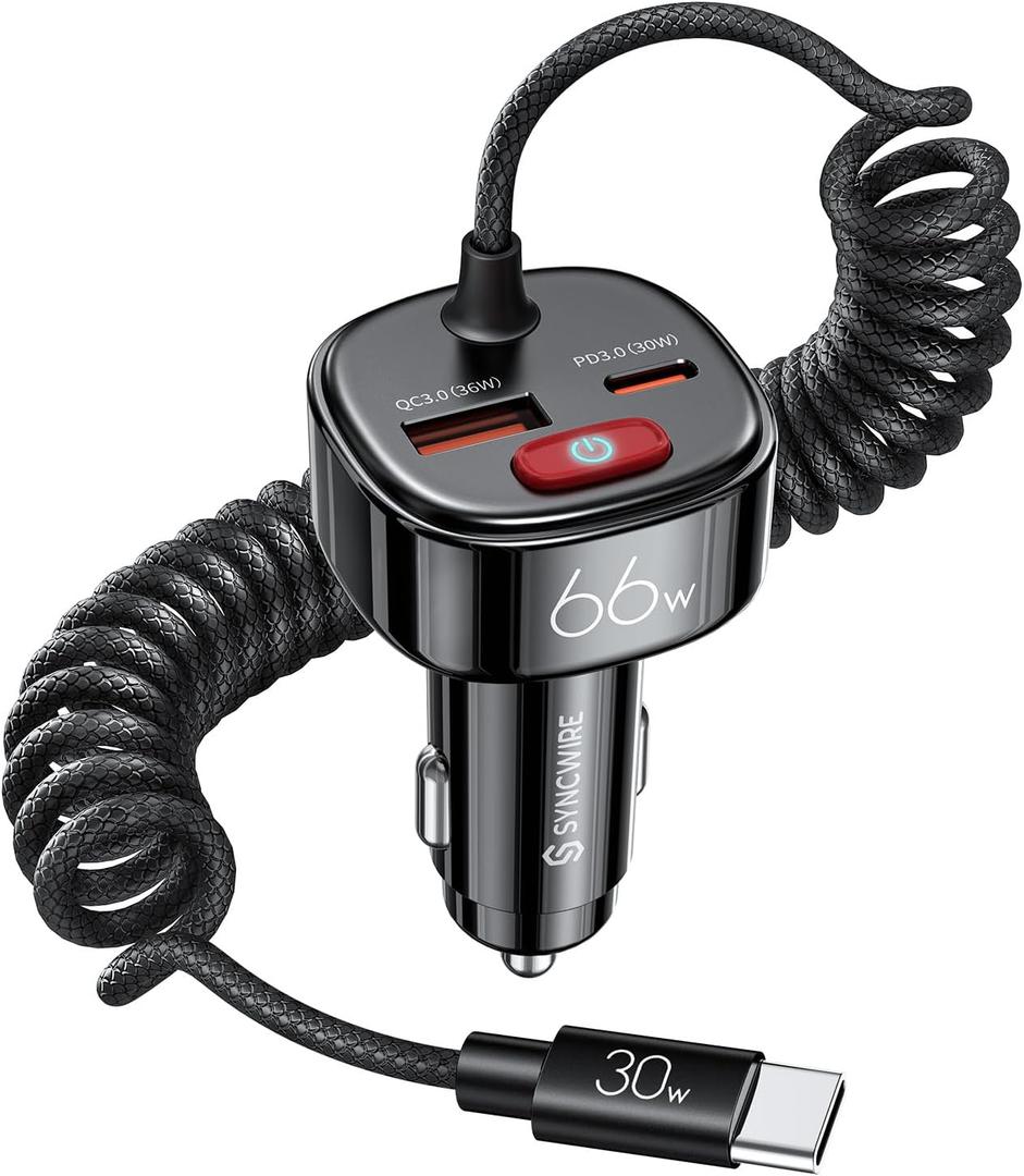 Syncwire USB C Car Charger with [Battery Leakage Prevention] 66W Super Fast Car Adapter with PD & QC 3.0 Built in 6FT Type C Coiled Cable for iPhone 17/16/15 Series, Samsung Galaxy/Google Pixel