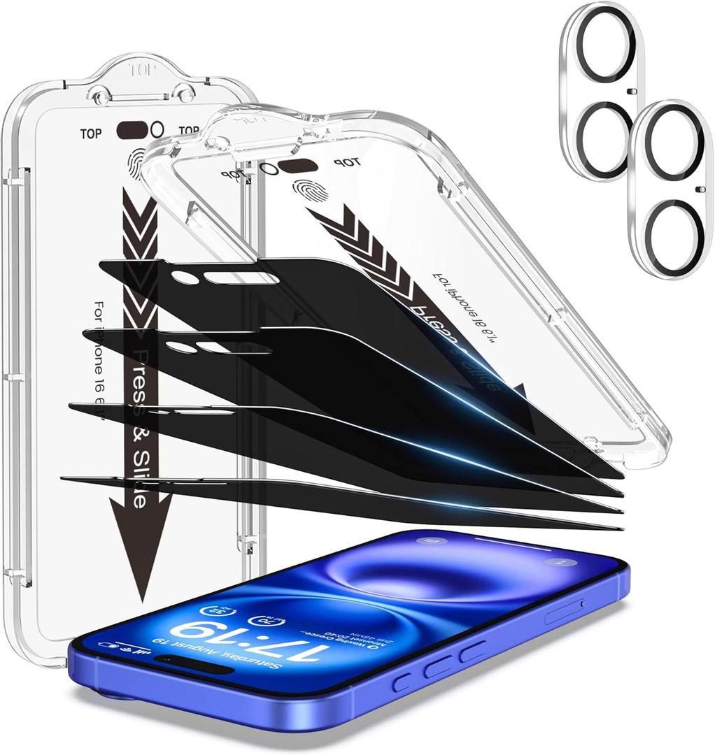 EZ-GLAZ- 4 Pack for iPhone 16 Privacy Screen Protector [6.1"] With 2 Pack Camera Lens Protector, 9H+ Hardness 12FT Military Grade Shatterproof Scratch Resistant Durable Tempered Glass Film with Flawless Fit Kit