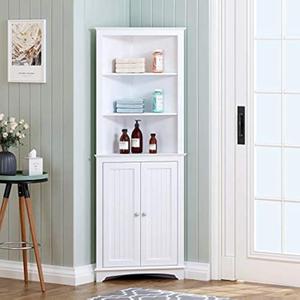 Spirich Tall Corner Cabinet with Doors and Shelves, Freestanding Corner Storage Cabinet for Bathroom, Kitchen, Living Room, White, Medium