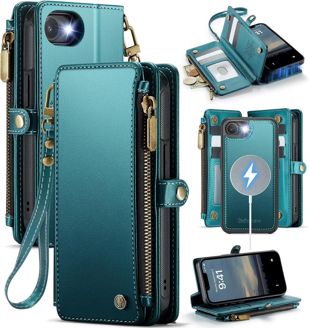 Defencase for iPhone 17E/ 16E Magnetic Wallet Case Compatible with Magsafe with RFID Blocking Zipper Pocket & Card Holder for Women Men, Leather Strap Detachable Case for iPhone 16e & 17e, Blue Green