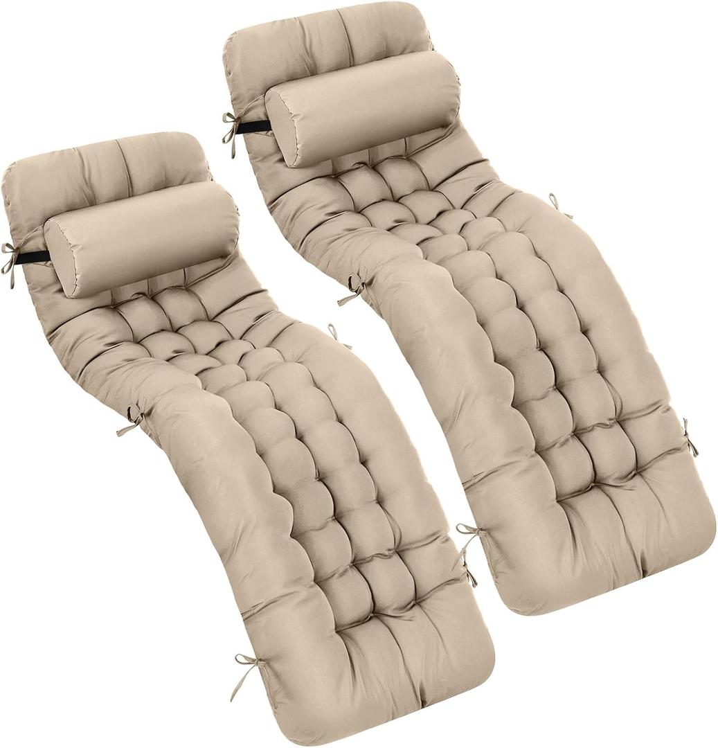 Tudomro 66'' Outdoor Chaise Lounge Cushion Waterproof Patio Pool Chaise Lounge Cushion with Headrest Pillow Tie Fade Resistant Replacement Longue Rocking High Back Chair(Light Camel,2 Pcs)