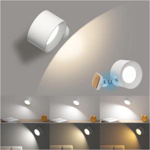 Battery Operated Wall Light, LED Lamp with 360Adjustable Lighting Indoor Light 3 Color Modes Brightness Levels Touch Control, Mounted for Bedroom Reading Bedside-1Pack White (1Pcs)
