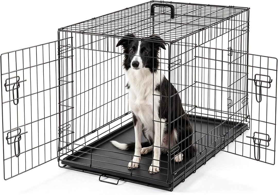 DUMOS Dog Crate, 36 Inch Medium Double Door Dog Cage with Plastic Leak-Proof Pan Tray, Folding Metal Wire Pet Kennel for Indoor, Outdoor, Travel, Black