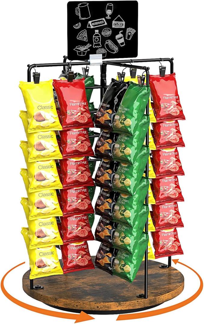 Nuovoware Chip Rack Display Stand, 50 Clips Snack Organizer with 360 Rotating and Wooden Base, Chip Holder for Snack Bar Station, Concession Stand, Retail Display, Brown+Black