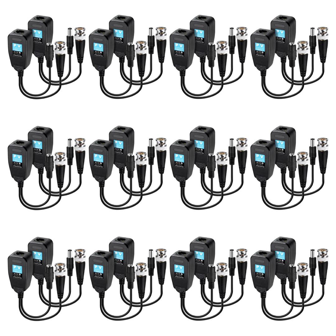 Passive Video Balun 12 Pairs RJ45 Transceiver Transmitter HD-CVI/TVI/AHD/CVBS with DC Built-in Transient Suppression Protection For 720P/960P/1080P/5MP CCTV Security DVR Surveillance Camera System