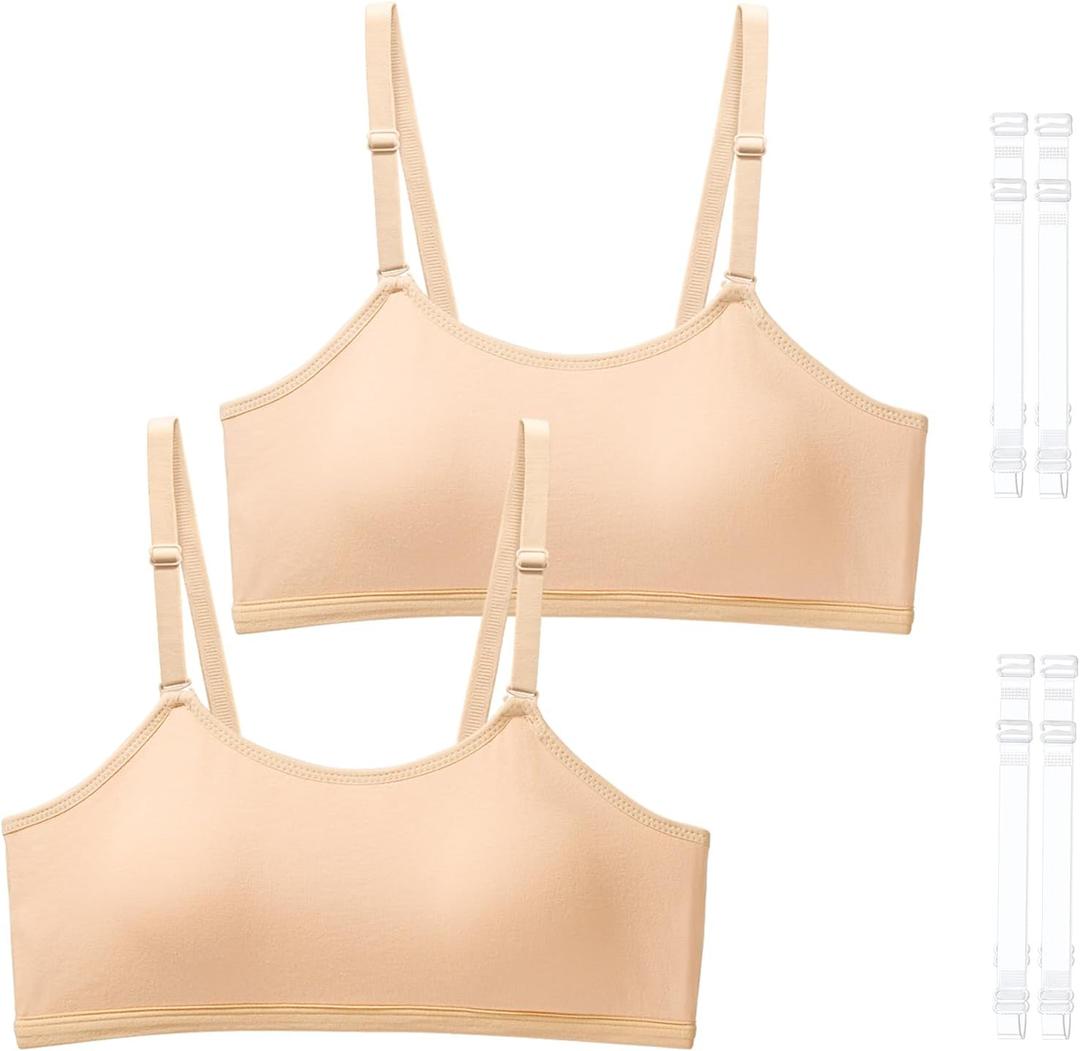 SALIA GIRL Training Bra for Girls 10-16 with Fixed Padding, Girls Bras for Teens Cami Bra with Replaceable Clear Straps (2p-nude)