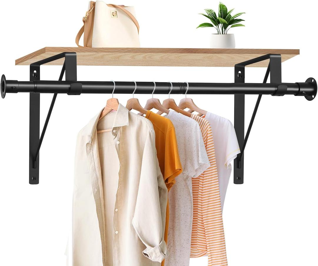 Closet Rod, 16 to 100 Inch Closet Rods Heavy Duty Adjustable Wardrobe Poles for Hanging Clothes and Heavy Duty Bracket Closet Pole Support (The Shelf NOT Included)(Black)