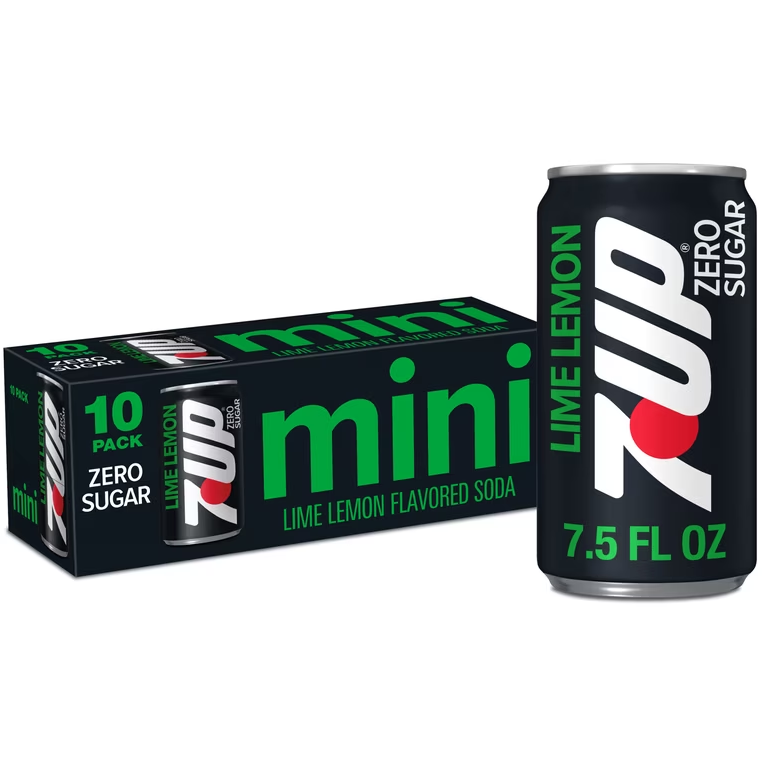 7UP Zero Sugar Lemon Lime Soda, 7.5 fl oz Mini Cans, 10 pack BB 11/1/26