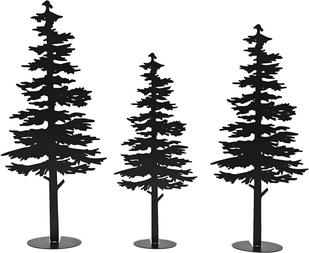 Farmhouse Metal Pine Tree Decor - Rustic Cabin Woodland Forest Accent Fireplace Centerpiece Living Room Bedroom Bookshelf Christmas Decorations Set of 3 (Black)