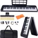 ADM 61 Key Folding Electric Piano Keyboard, Foldable Electronic Keyboard, Wireless 128 Tones, 128 Rhythms Includes Pedal, Gig Bag, Headphones for Beginners, Students, Teenagers, Adults, Black