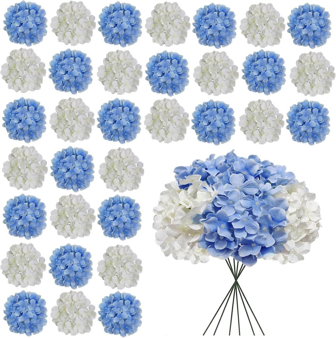 White Blue Hydrangea Artificial Flowers Bulk, 30 Pcs Faux Hydrangea Flowers Heads, Artificial Fake Silk Hydrangea Flowers With Stems, White Blue Flowers Artificial For Decoration Wedding Dcor