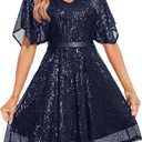 Wedtrend Women's Sparkly Sequin Dress Bat Sleeves Cocktail Dress Glitter Club Dress (S)