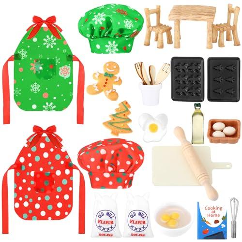 Kajaia 30 Pcs Christmas Doll Accessories Mini Doll Props Baker Cooking Outfit Set Include Baking Apron Hat Miniature Rolling Pin Flour Egg Bowl Cookie Tray Whisk for Xmas DIY Craft Gift(Novel)