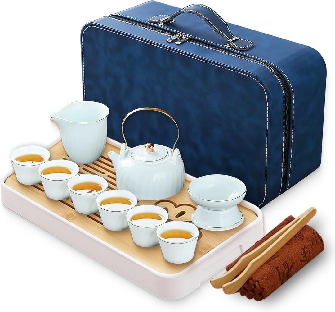 Gongfu Tea Set, Kung Fu Tea Set, Chinese Tea Set, Portable Ceramic Tea Set, Asian Tea sets for adult, Loop Handle Tea Set (Lifting Beam-6 Cups)