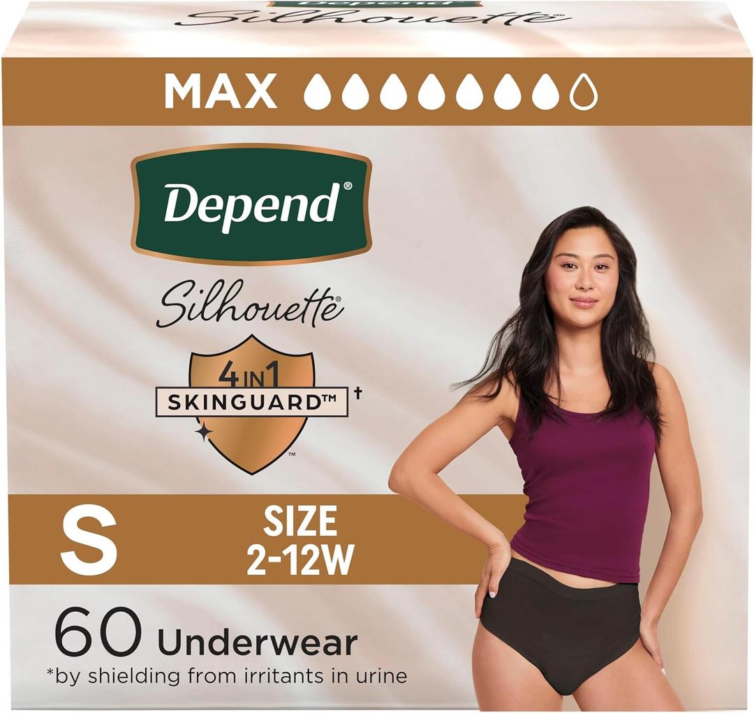 Depend Silhouette Adult Diapers, Incontinence & Postpartum Bladder Leak Underwear for Women, Maximum Absorbency, Small, Black, 60 Count (2 Packs of 30)