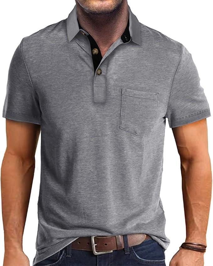 Men's Casual Polo Shirts Classic Button Basic Short Sleeve Shirt Solid Color Cotton Tees Golf Stylish Tops, Medium 