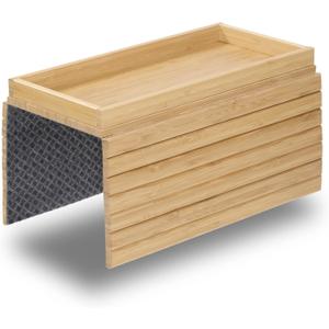 DETOR Couch Tray with Spacious 12.4" x 5.4" Storage Box, Natrual Bamboo Finish, Enhanced Non-Slip Felt Bottom, Sturdy Bamboo Slats, Fits Armrests 6" and Wider