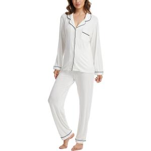 Button Up Pajamas for Women Long Sleeve Sleepwear Soft Loungewear Ladies Pjs Set XS-XXL (Large, White)
